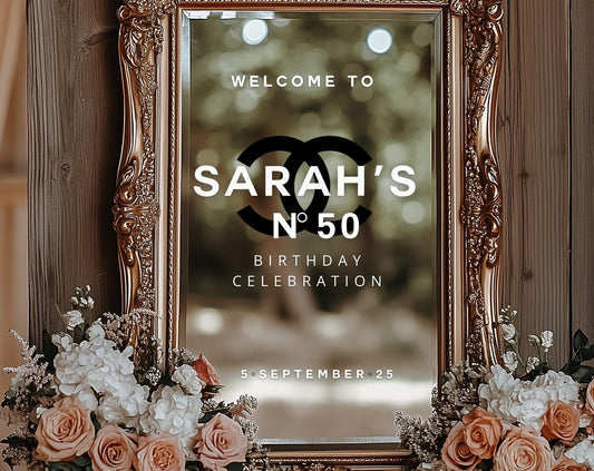 Welcome to a 50th Birthday Celebration | Custom Selfie Mirror Decals | Birthday Decor | Removable Vinyl Sticker |  Chanel N0. 5 Theme