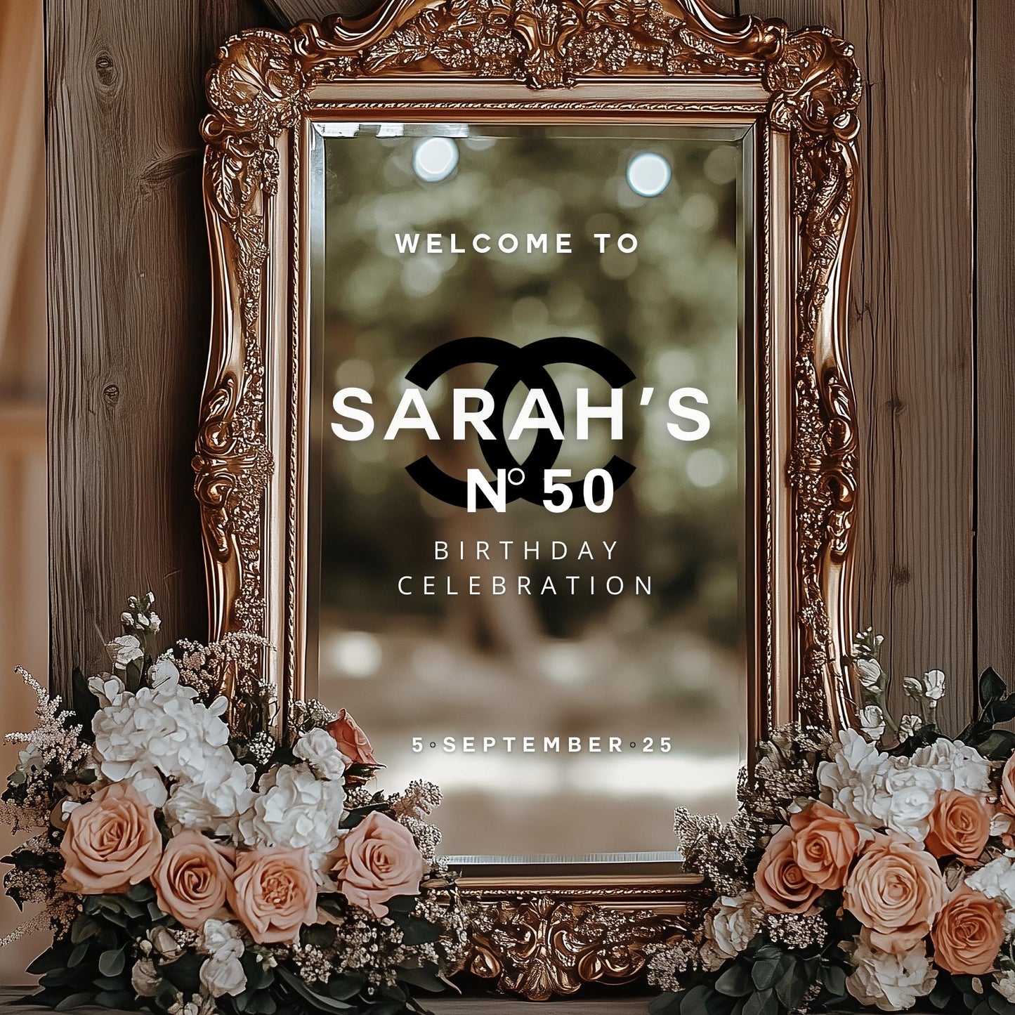 Welcome to a 50th Birthday Celebration | Custom Selfie Mirror Decals | Birthday Decor | Removable Vinyl Sticker |  Chanel N0. 5 Theme