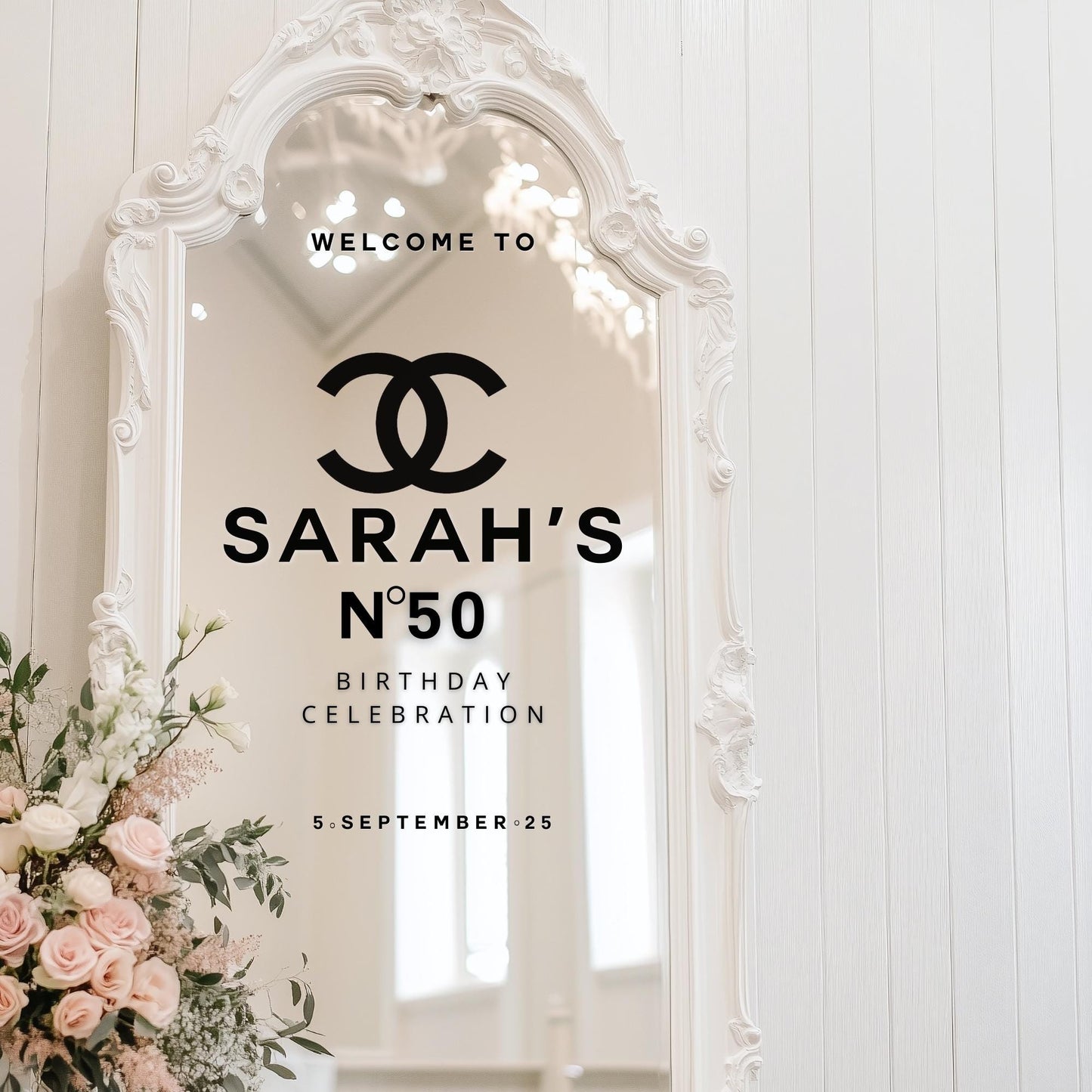 Welcome to a 50th Birthday Celebration | Custom Selfie Mirror Decals | Birthday Decor | Removable Vinyl Sticker |  Chanel N0. 5 Theme