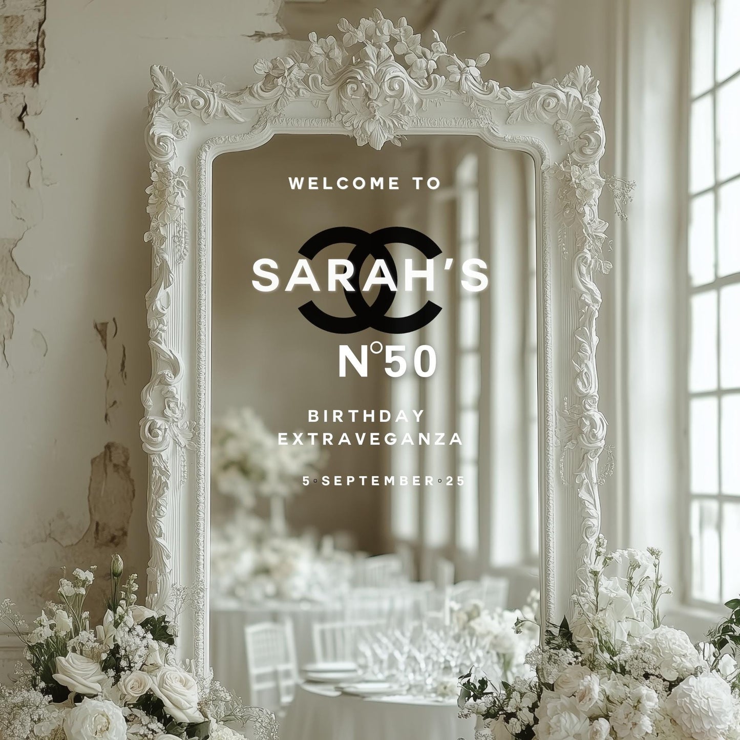 Welcome to a 50th Birthday Celebration | Custom Selfie Mirror Decals | Birthday Decor | Removable Vinyl Sticker |  Chanel N0. 5 Theme